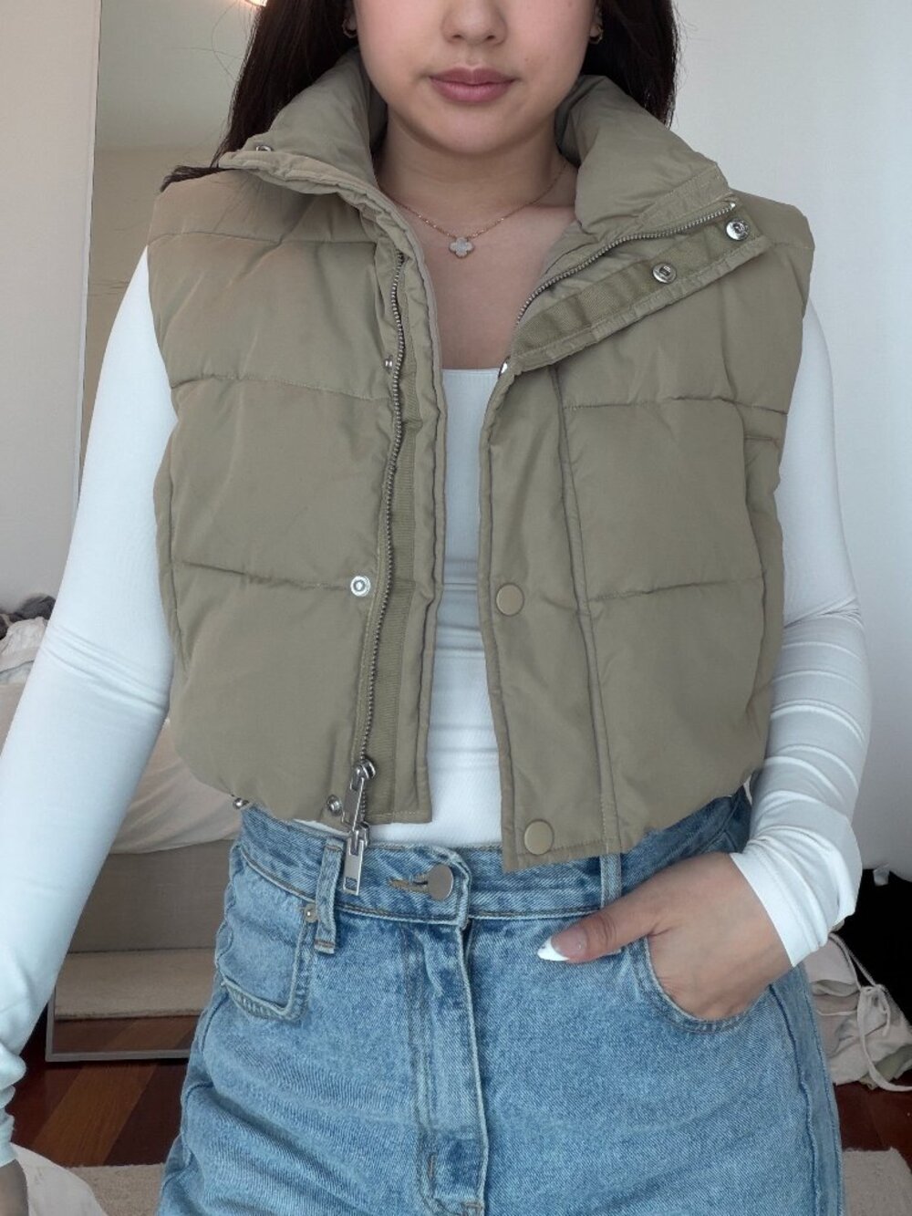 EAVES Beige Cropped Puffer Vest